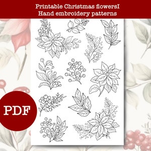 Christmas Flowers hand embroidery patterns, Christmas embroidery designs, printable stick and stitch design, digital download PDF