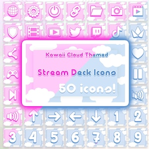 May include: A collection of 50 Kawaii Cloud themed Stream Deck icons. Each icon is set in a pink and blue cloud design. The icons include a globe, gear, power button, link, folder, camera, play button, and more. The text "Kawaii Cloud Themed Stream Deck Icons 50 icons!" is displayed.