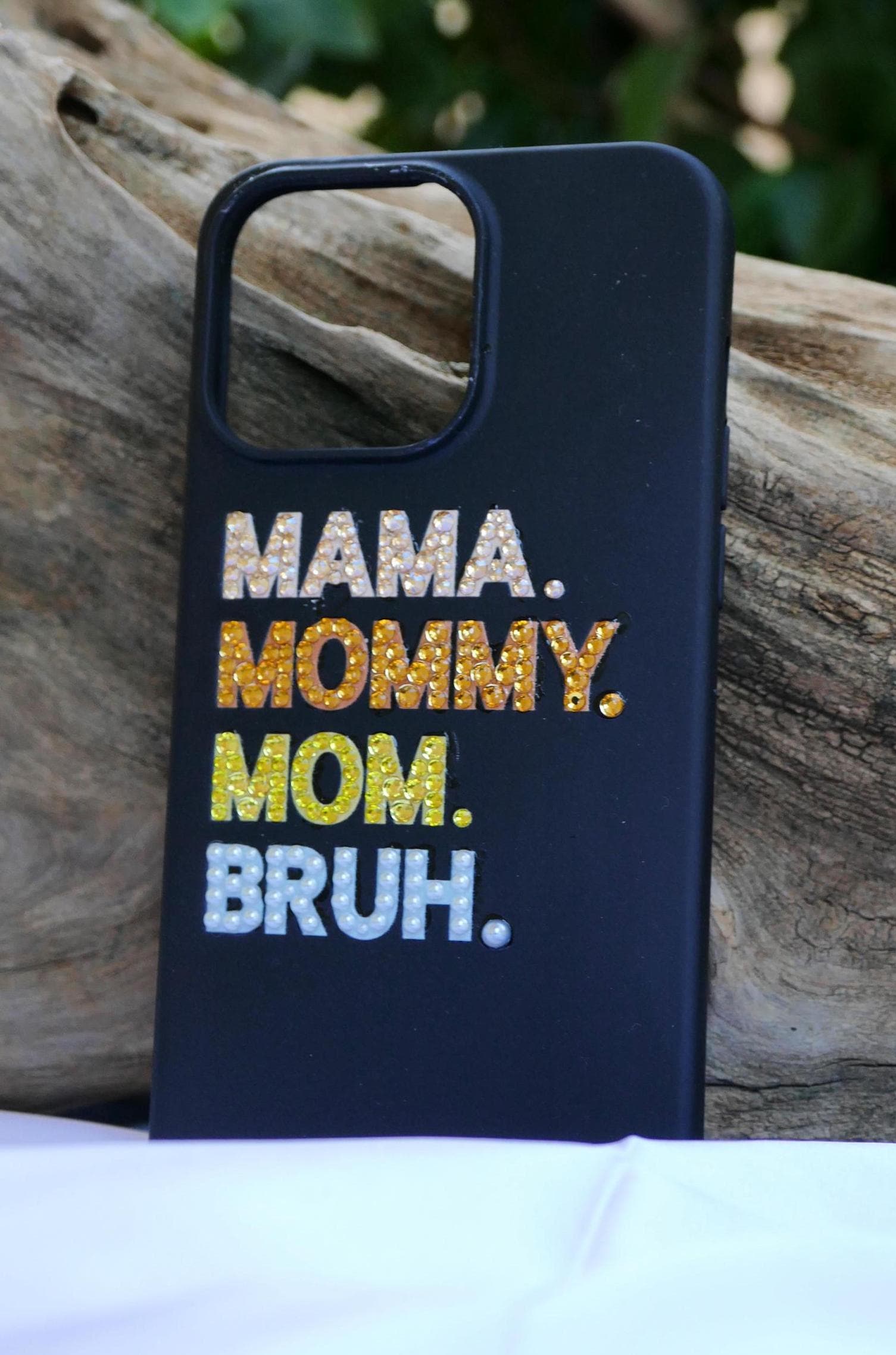 Mama Mommy Mom Bruh Rhinestone iPhone Case, Bedazzled Pearl Phone