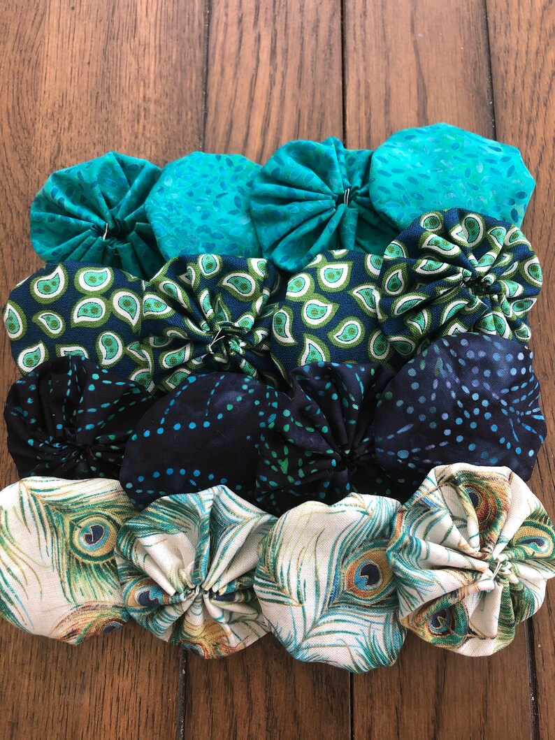 embellishments for scrapbook APPLIQUE 2 inch sewing yoyos Quilting Yoyos peacock teal blue matching fabrics