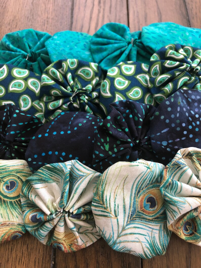 embellishments for scrapbook APPLIQUE 2 inch sewing yoyos Quilting Yoyos peacock teal blue matching fabrics