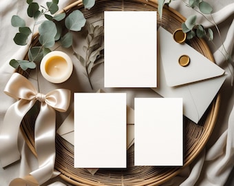 May include: A flat lay arrangement featuring blank white cards, envelopes, and a candle on a woven tray. A cream-colored satin ribbon bow and sprigs of greenery add decorative elements. The overall aesthetic is soft and neutral.