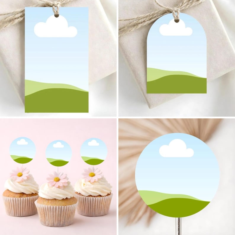 May include: A collection of gift tags and cupcake toppers featuring a landscape design. The tags have a rectangular and arched shape, with a blue sky, white cloud, and green hills. Cupcakes are topped with the same design.