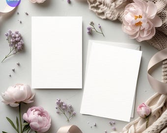 May include: Two blank white cards with textured paper are surrounded by soft pink peonies, sprigs of purple flowers, and a beige ribbon. A knitted blanket and the Canva logo are also visible.