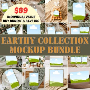May include: A collection of mockups, including stationery and packaging, is presented in the "Earthy Collection Mockup Bundle". The image showcases cards, tags, and a popcorn bag, each with a design of a blue sky and green landscape. Text includes "$89 Individual Value Buy Bundle & Save Big".