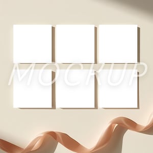 May include: A mockup featuring six white square cards arranged in two rows on a beige background. The word "MOCKUP" is overlaid in a light color across the cards. A flowing, translucent fabric in a peach hue adds a decorative element.