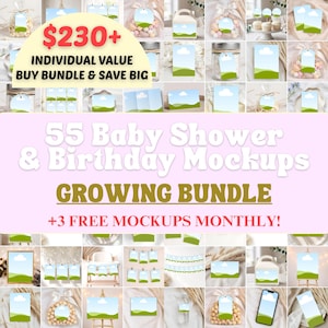 Party Mockup Bundle, Minimalist Neutral  Baby Shower, Birthday, 55 Canva Templates, Free Monthly Bonus
