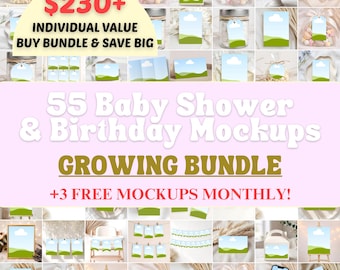 Party-Mockup-Bundle, minimalistische neutrale Babyparty, Geburtstag, 55 Canva-Vorlagen, monatlicher Gratis-Bonus