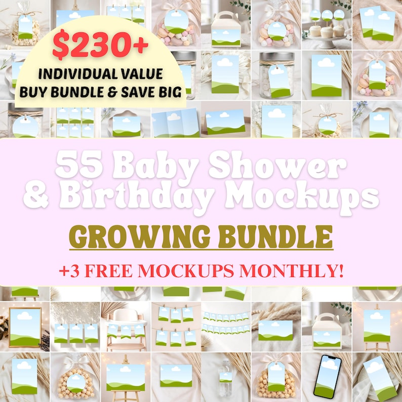 Party Mockup Bundle, Minimalist Neutral  Baby Shower, Birthday, 55 Canva Templates, Free Monthly Bonus
