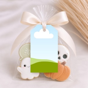 May include: A clear plastic treat bag containing three decorated cookies shaped like a white ghost, an orange pumpkin, and a white skull with a green speech bubble saying BOO. A cream-colored satin ribbon bow secures the top with a hanging tag.