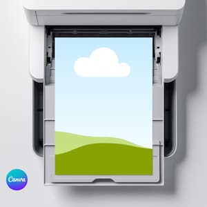 May include: A white printer with a printed sheet of paper featuring a blue sky, white cloud, and green hills. The Canva logo is visible in the bottom left corner. The paper is being ejected from the printer.
