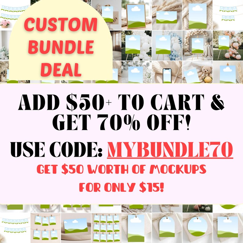 May include: A promotional image with the text "CUSTOM BUNDLE DEAL" in a yellow bubble. The text "ADD $50+ TO CART & GET 70% OFF! USE CODE: MYBUNDLE70" is also displayed. The image includes various mockups of signs and cards.