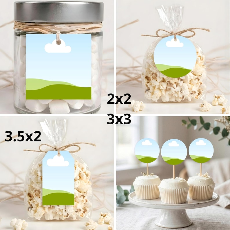 K&ouml;nnte beinhalten: Ein Set aus Party-Anh&auml;ngern mit einem Design aus blauem Himmel, wei&szlig;er Wolke und gr&uuml;nen H&uuml;geln. Das Set enth&auml;lt quadratische, runde und rechteckige Anh&auml;nger an Gl&auml;sern, durchsichtigen Popcorn-T&uuml;ten und als Dekoration f&uuml;r Cupcakes.
