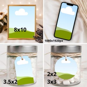 K&ouml;nnte beinhalten: Eine Sammlung digitaler Assets, darunter ein 8x10 Zoll Rahmen, ein 1080x1920px Smartphone-Hintergrundbild, ein 3,5x2 Zoll rechteckiges Etikett und ein 2x2 oder 3x3 Zoll rundes Etikett, alle mit blauem Himmel und gr&uuml;ner Landschaft.