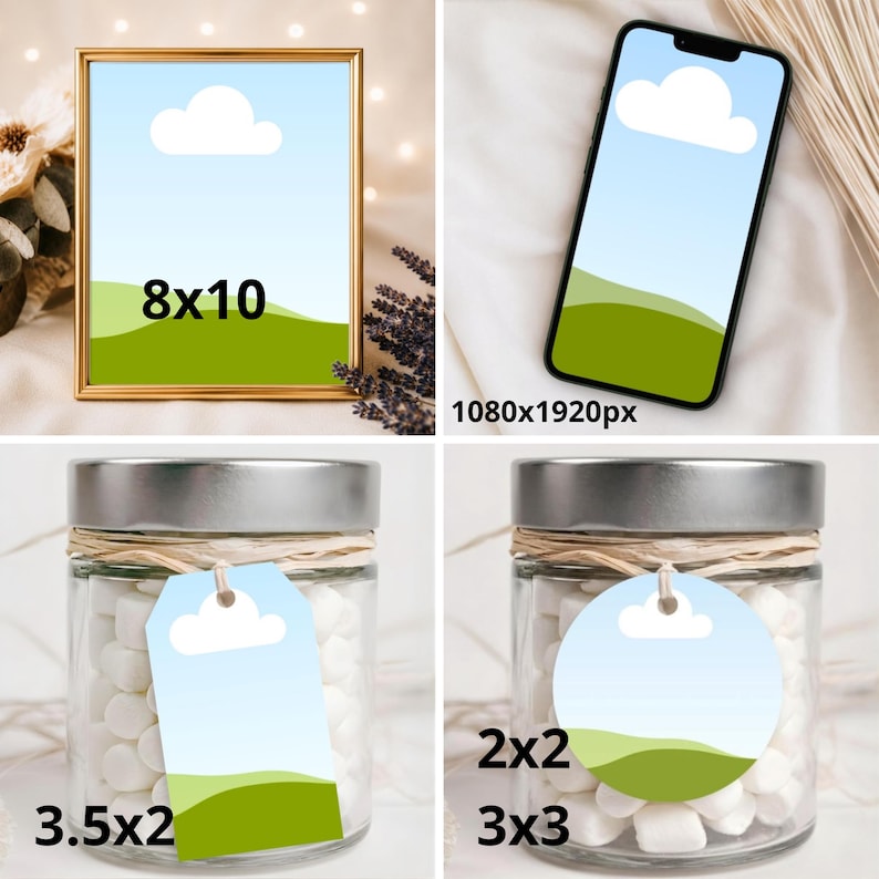 K&ouml;nnte beinhalten: Eine Sammlung digitaler Assets, darunter ein 8x10 Zoll Rahmen, ein 1080x1920px Smartphone-Hintergrundbild, ein 3,5x2 Zoll rechteckiges Etikett und ein 2x2 oder 3x3 Zoll rundes Etikett, alle mit blauem Himmel und gr&uuml;ner Landschaft.