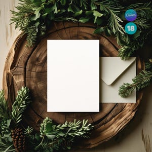 Peut inclure: Une carte blanche et une enveloppe reposent sur une surface en bois rustique, entourées de verdure et de pommes de pin. L'arrangement suggère un thème naturel et saisonnier, idéal pour la papeterie ou les invitations.