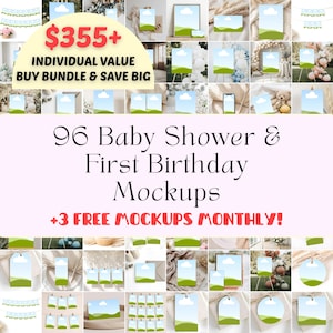 May include: A promotional image featuring a collection of 96 baby shower and first birthday mockups. The image includes the text "$355+ Individual Value, Buy Bundle & Save Big" and "+3 Free Mockups Monthly!"