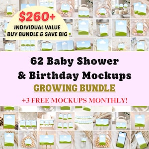 Festmockuppaket, minimalistisk neutral babyshower, födelsedag, 62 Canva-mallar, gratis månadsbonus