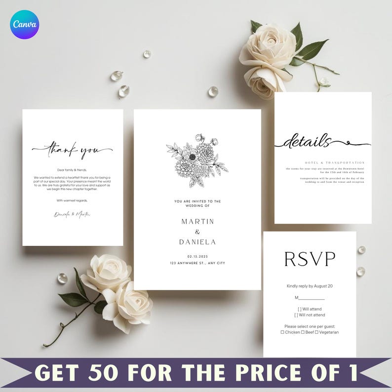May include: A collection of white wedding invitation cards with black text. The cards include "thank you", "details", and "RSVP" cards, along with an invitation card featuring floral illustrations. The text "GET 50 FOR THE PRICE OF 1" is at the bottom.