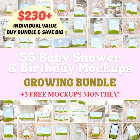 Party Mockup Bundle, Minimalist Neutral  Baby Shower, Birthday, 55 Canva Templates, Free Monthly Bonus