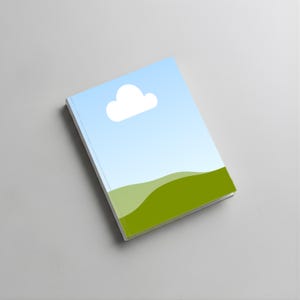 May include: A hardcover book with a landscape design. The cover features a blue sky with a white cloud and green rolling hills. The book is rectangular and has a white spine.