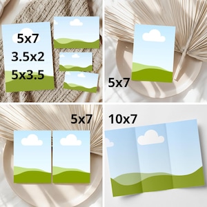 K&ouml;nnte beinhalten: Eine Sammlung von Papierkarten und eine dreifach gefaltete Brosch&uuml;re mit einer grafischen Illustration eines blauen Himmels mit wei&szlig;en Wolken &uuml;ber gr&uuml;nen H&uuml;geln. Die Artikel sind mit Ma&szlig;en in Zoll beschriftet: 5x7, 3.5x2, 5x3.5 und 10x7.