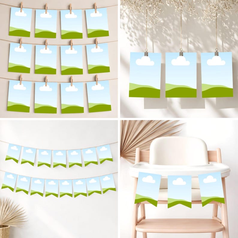 May include: A collection of landscape-themed photo cards, displayed in various arrangements. Some are clipped to a string with wooden clothespins, while others hang individually. The cards feature a blue sky, white cloud, and green rolling hills.
