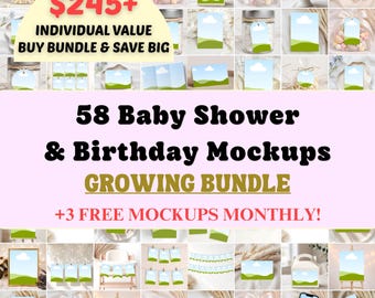 Party Mockup Bundle, Minimalist Neutral  Baby Shower, Birthday, 58 Canva Templates, Free Monthly Bonus