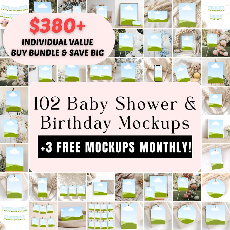 Party Mockup Bundle, Baby Shower, 1st Birthday, 102 Canva Templates, Digital, +Free Monthly Bonus image 1