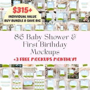 Könnte beinhalten: Werbebild mit 86 Mockups für Babypartys und erste Geburtstage. Der Text hebt den Einzelwert und die Bundle-Ersparnisse hervor. Zusätzlicher Text weist auf monatliche Gratis-Mockups hin.
