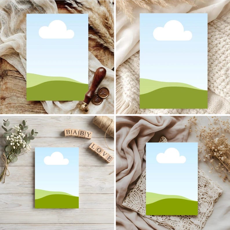 May include: Four images of cards with a blue sky and white cloud design over green hills. The cards are on various textured surfaces with decorative elements like dried plants, a wax seal, and wooden blocks spelling "BABY LOVE".