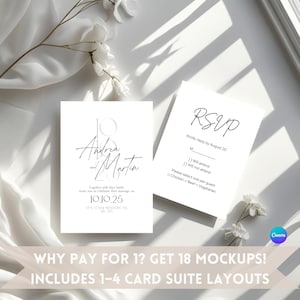 May include: White wedding invitation and RSVP cards with black text. The invitation features the names "Andrea and Martin" and the date "10.10.25". The RSVP card includes a space for guests to respond. The image also includes text: "WHY PAY FOR 1? GET 18 MOCKUPS!"