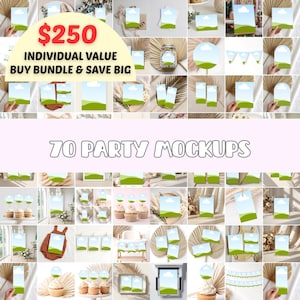 Puede incluir: Una colección de 70 maquetas de fiesta, que incluyen varios diseños de tarjetas, adornos para cupcakes y pancartas. La imagen presenta una variedad de plantillas con una escena de paisaje y el texto "$250 Individual Value Buy Bundle & Save Big" y "70 Party Mockups".