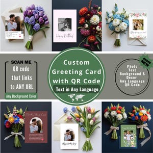 Tarjeta de felicitación personalizada con foto, texto y código QR personalizados / Tarjeta imprimible de 5x7 con tu mensaje / Regalo único para cumpleaños, boda