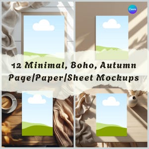 May include: Four mockups of paper pages with a minimalist design. Each page features a blue sky with a white cloud and green hills. The text "12 Minimal, Boho, Autumn Page/Paper/Sheet Mockups" is displayed.