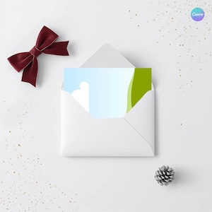 May include: A white envelope containing a card with a blue and green abstract design. A deep red bow and a small pine cone are placed near the envelope. Gold glitter dots are scattered around the objects.