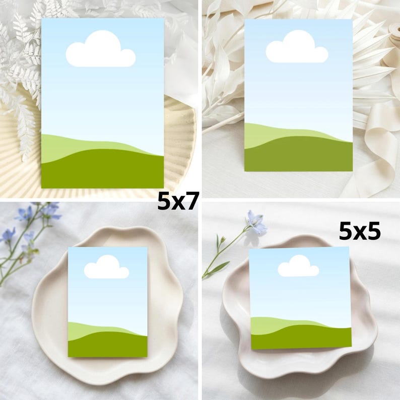K&ouml;nnte beinhalten: Ein Set aus rechteckigen und quadratischen Karten mit einer grafischen Darstellung eines hellblauen Himmels mit einer einzelnen wei&szlig;en Wolke &uuml;ber gr&uuml;nen H&uuml;geln. Die Karten sind mit den Ma&szlig;en 5x7 cm bzw. 5x5 cm beschriftet.