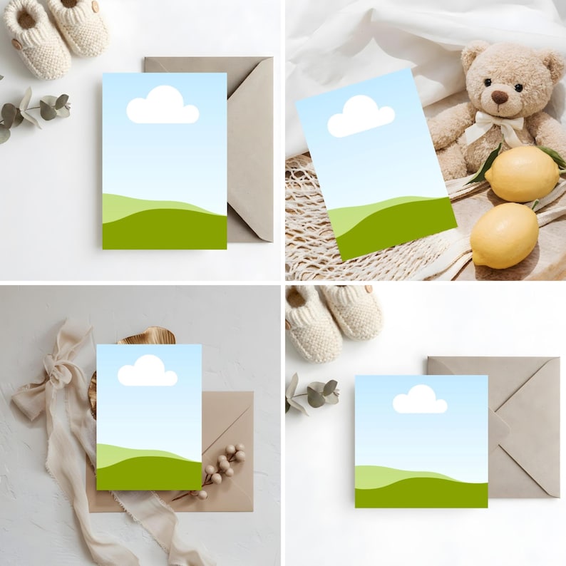 May include: Four images of baby-themed greeting cards with a blue sky and cloud design over green hills. The cards are paired with envelopes, baby shoes, a teddy bear, and lemons. The cards are square and have a minimalist design.