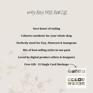 May include: A beige graphic with the text "WHY BUY THIS BUNDLE" and bullet points describing the benefits of a product bundle, including "Save hours of styling" and "Free Gift - 15 Single Card Mockups."
