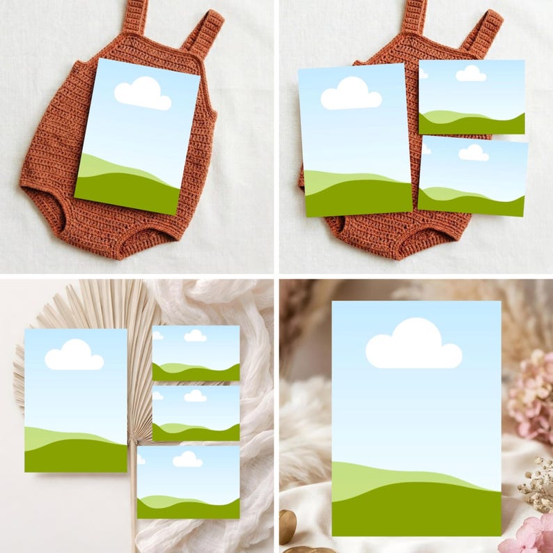 May include: A set of baby announcement cards with a landscape design featuring a blue sky, white cloud, and green hills. The cards are displayed on a rust-colored crocheted baby romper.