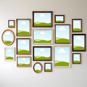 May include: A collection of framed art pieces in various sizes and styles, arranged on a white wall. The frames are in gold, brown, and white, with rectangular and oval shapes. Each frame contains a landscape scene with a blue sky, white clouds, and green hills.