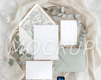 Wedding Invitation Suite Mockup | 3 Card Set, PSD Smart Object + JPG | Sage Green, Beige, Digital Download, 4000x4000px