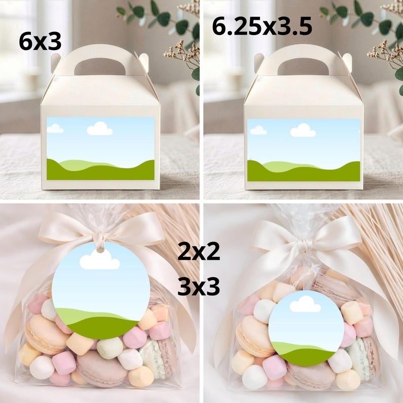 K&ouml;nnte beinhalten: Zwei wei&szlig;e Schachteln mit Tragegriff und zwei durchsichtige T&uuml;ten gef&uuml;llt mit pastellfarbenen Macarons und Marshmallows. Die Schachteln und runden Anh&auml;nger zeigen ein Motiv mit blauem Himmel, wei&szlig;en Wolken und gr&uuml;nen H&uuml;geln. Ma&szlig;e 6x3, 6.25x3.5, 2x2, 3x3.