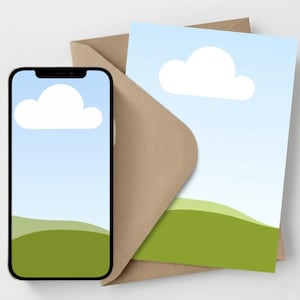 May include: A smartphone and a greeting card featuring a cloud design. The card is in a brown envelope. The card and phone display a blue sky, white cloud, and green landscape.