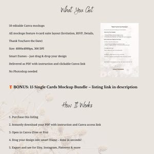 May include: A digital product mockup listing with text that reads "What You Get" and "How It Works". The listing includes 50 editable Canva mockups, smart frames, and a bonus 15 single cards mockup bundle. The size is 4000x4000px, 300 DPI.