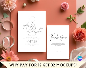 32 Wedding Invitation Suite Mockup Bundle: Pastel Floral Canva Templates (Digital Download)