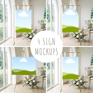 Op de afbeelding: Vier bordmockups met een blauwe lucht en een groen landschap. De borden worden weergegeven op gouden standaards, met bloemstukken aan de basis. De tekst "4 SIGN MOCKUPS" staat in een cirkel.