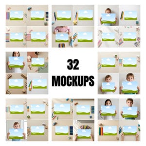 Op de afbeelding: Een verzameling van 32 mockups, elk met een landschap met een blauwe lucht en groene heuvels. Kinderen houden enkele van de mockups vast. Het woord "MOCKUPS" staat in vette zwarte letters. Kleurpotloden en knutselspullen liggen verspreid.