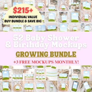 Può includere: Una collezione di 52 mockup per baby shower e compleanni, con un bundle in crescita e +3 mockup gratuiti mensili. L'immagine include vari mockup di etichette, biglietti e sacchetti regalo, con uno sfondo rosa chiaro e il testo "$215+ Individual Value Buy Bundle & Save Big."