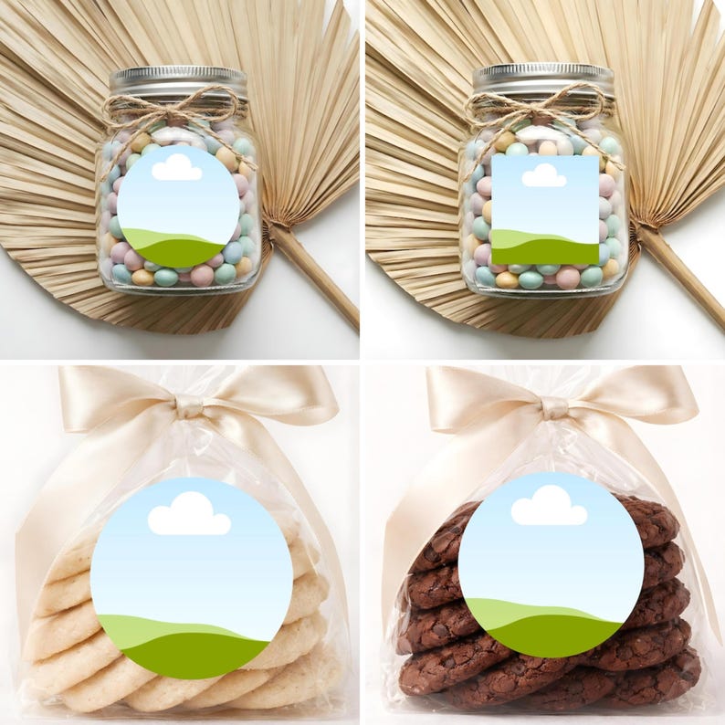 May include: Four images showcasing treats. Two jars filled with pastel-colored candies, tied with twine, and a label with a blue sky and green hill design. The other two images show cookies in clear bags, tied with a cream-colored ribbon, and a similar label.